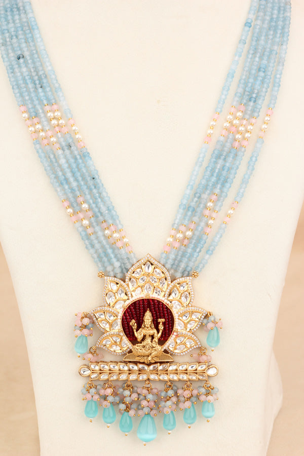 Lakshmi Mata Mala With Light Blue Crystal Beads And Mata At The Pendant  (LKN008LB-Kundan)