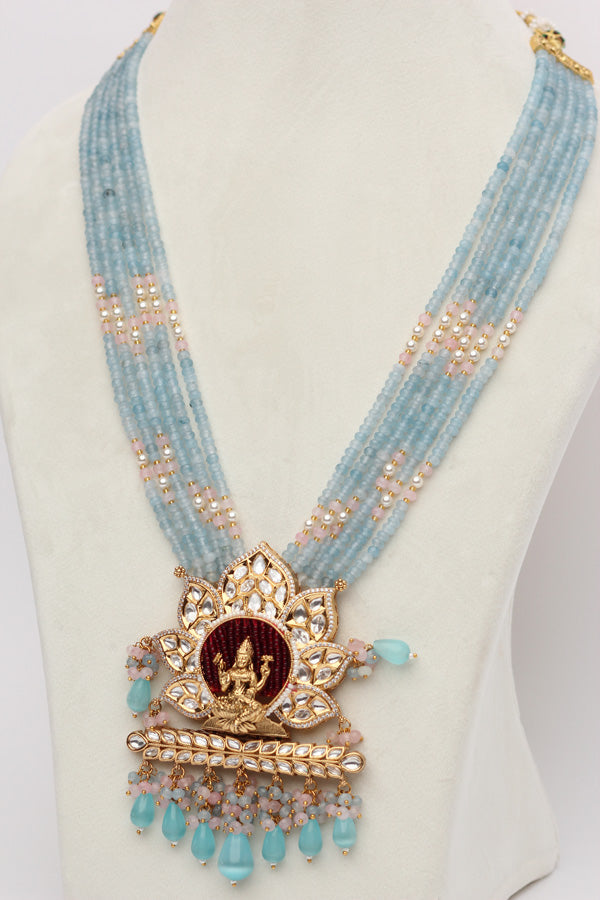 Lakshmi Mata Mala With Light Blue Crystal Beads And Mata At The Pendant  (LKN008LB-Kundan)