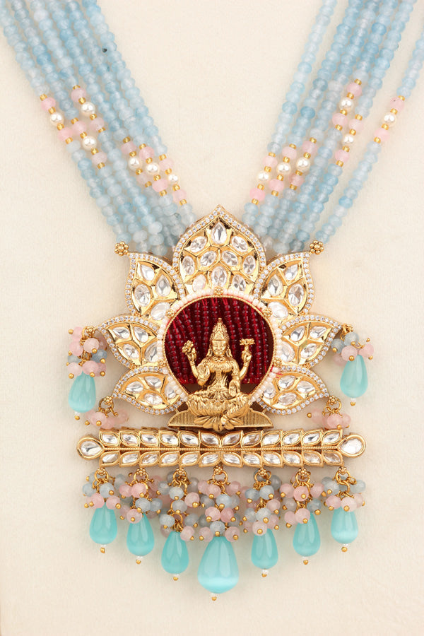Lakshmi Mata Mala With Light Blue Crystal Beads And Mata At The Pendant  (LKN008LB-Kundan)