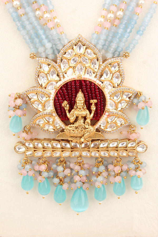 Lakshmi Mata Mala With Light Blue Crystal Beads And Mata At The Pendant  (LKN008LB-Kundan)