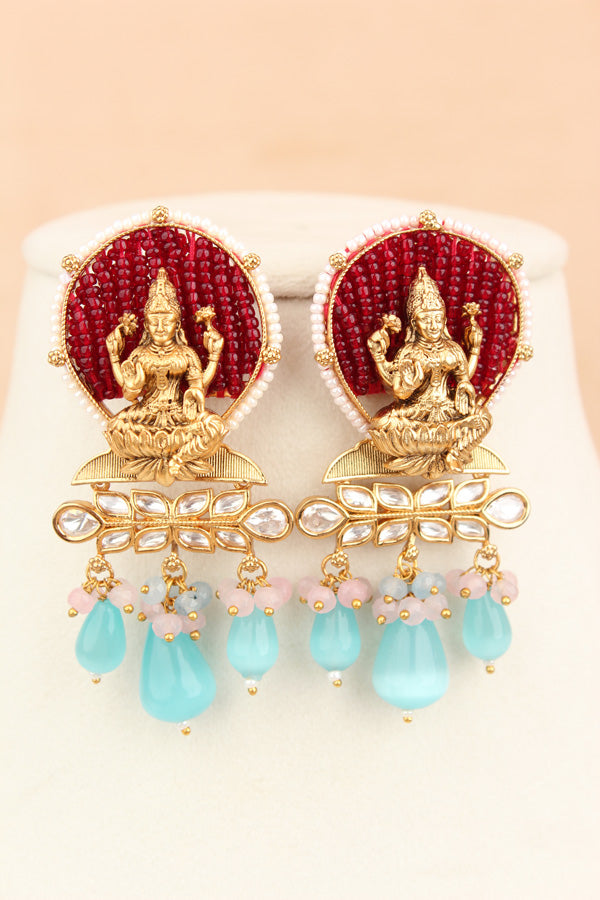 Lakshmi Mata Mala With Light Blue Crystal Beads And Mata At The Pendant  (LKN008LB-Kundan)