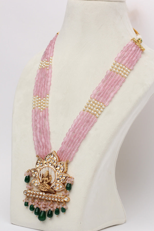 Lakshmi Mata Mala With Flat Pink Stones And Mata At The Pendant  (LKN008P-Kundan)