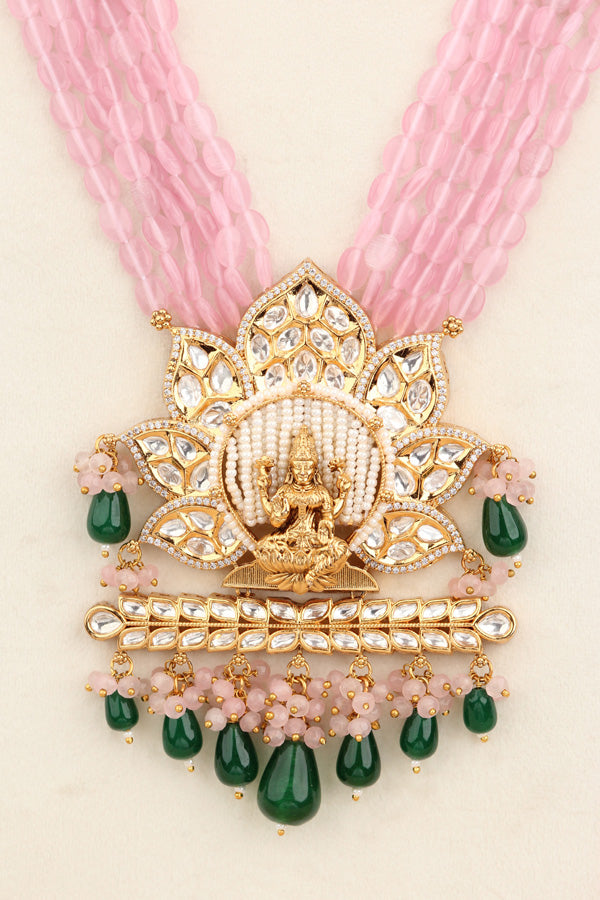 Lakshmi Mata Mala With Flat Pink Stones And Mata At The Pendant  (LKN008P-Kundan)