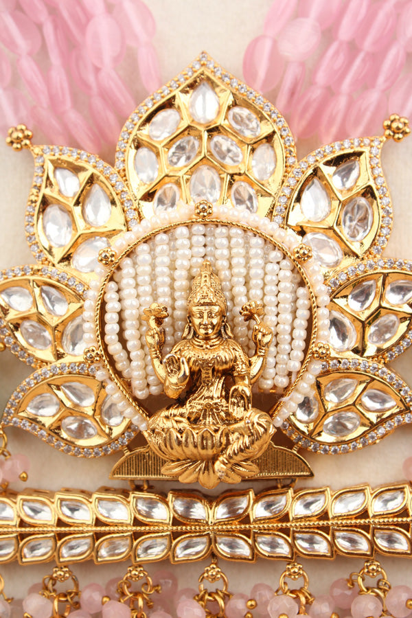 Lakshmi Mata Mala With Flat Pink Stones And Mata At The Pendant  (LKN008P-Kundan)