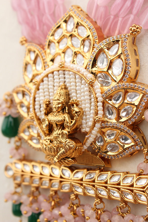 Lakshmi Mata Mala With Flat Pink Stones And Mata At The Pendant  (LKN008P-Kundan)