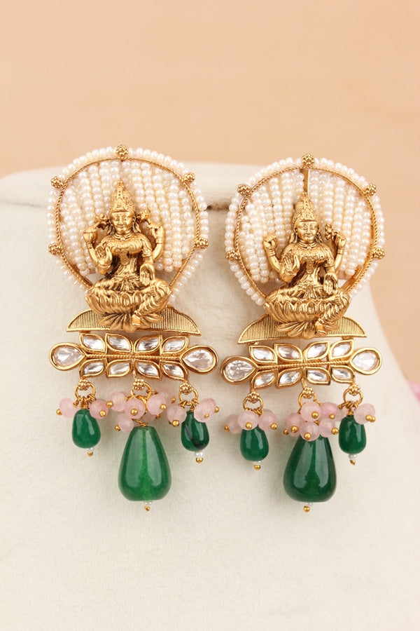 Lakshmi Mata Mala With Flat Pink Stones And Mata At The Pendant  (LKN008P-Kundan)