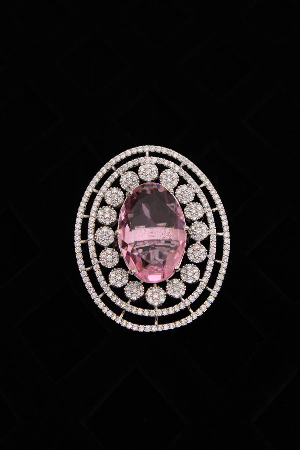 Large American Diamond Adjustable Ring With Center Pink Colour Stone (ADR001-P)