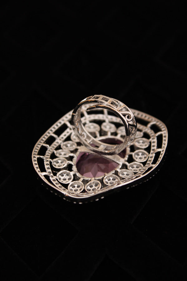 Large American Diamond Adjustable Ring With Center Pink Colour Stone (ADR001-P)