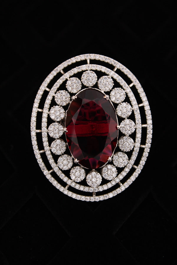 Large American Diamond Adjustable Ring With Center Ruby Colour Stone (ADR001-R)