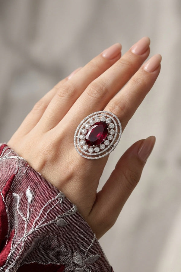 Large American Diamond Adjustable Ring With Center Ruby Colour Stone (ADR001-R)