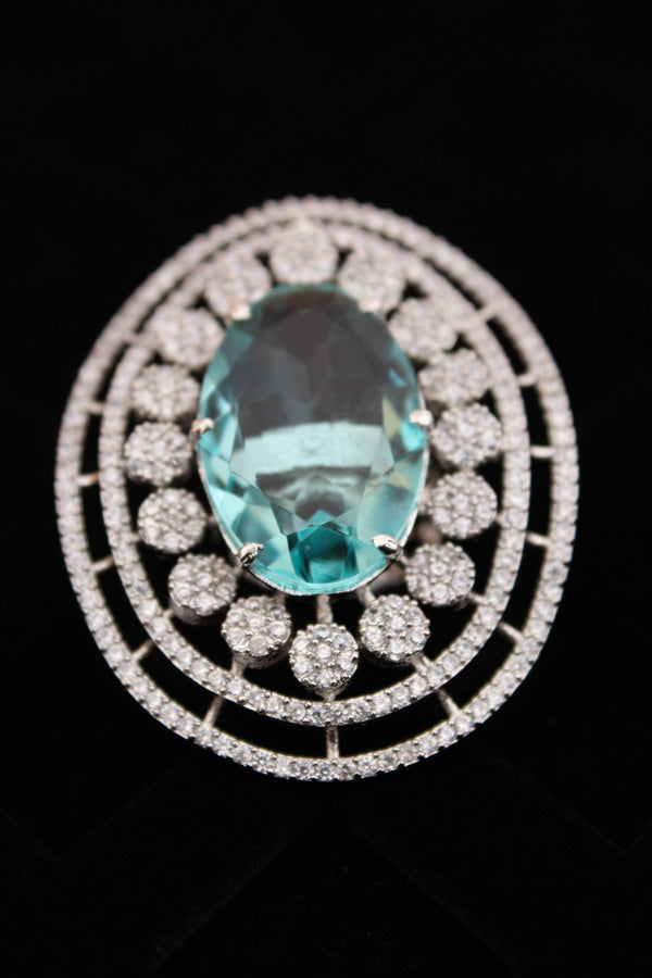 Large American Diamond Adjustable Ring With Center Sky Blue Colour Stone (ADR001-SB)
