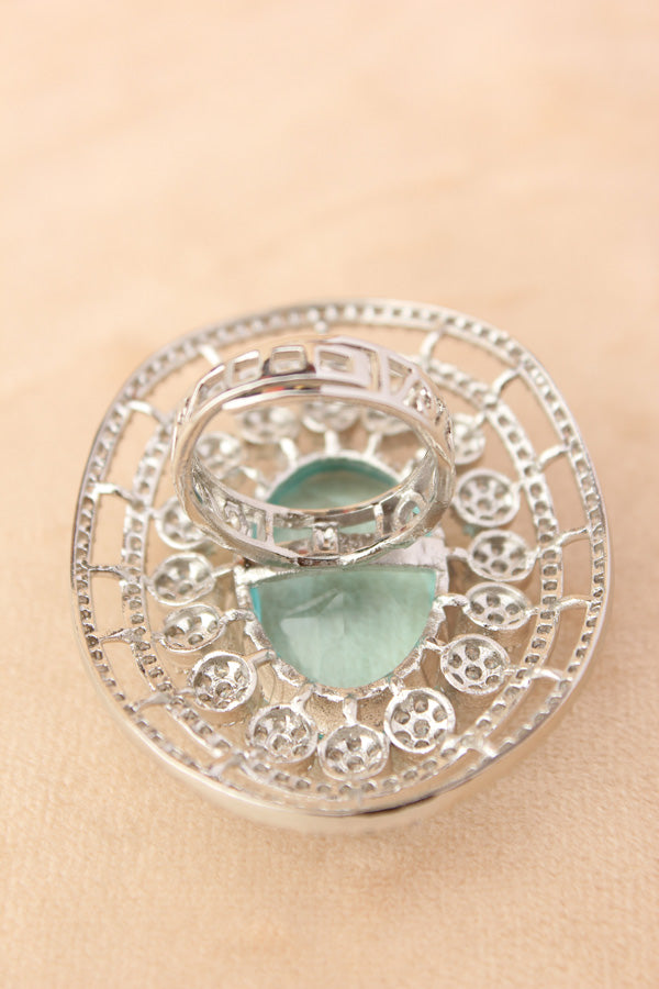 Large American Diamond Adjustable Ring With Center Sky Blue Colour Stone (ADR001-SB)