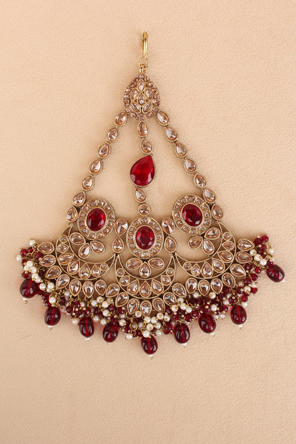 Large And Wide Premium Quality Passa With Polki Red And Gold Stones And Maroon Colour Pearls Attached (PAS016)