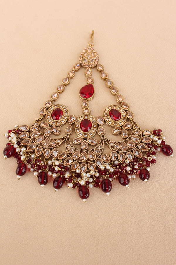 Large And Wide Premium Quality Passa With Polki Red And Gold Stones And Maroon Colour Pearls Attached (PAS016)