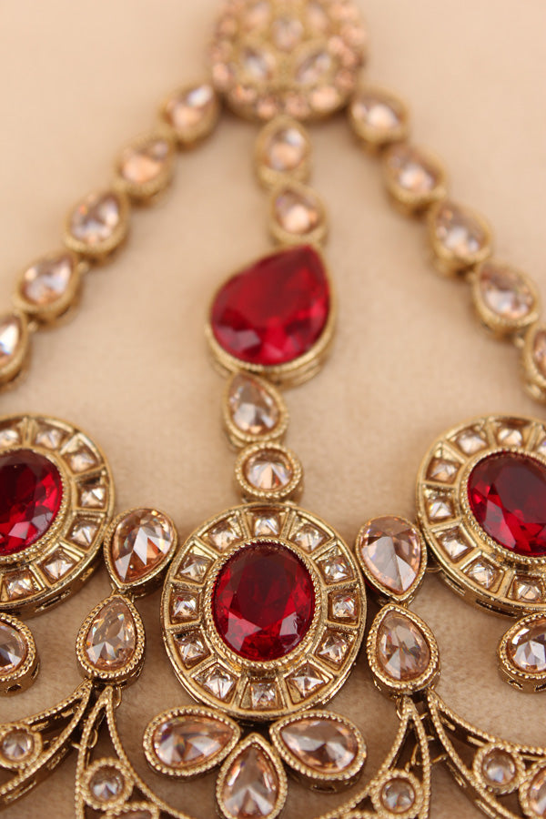 Large And Wide Premium Quality Passa With Polki Red And Gold Stones And Maroon Colour Pearls Attached (PAS016)