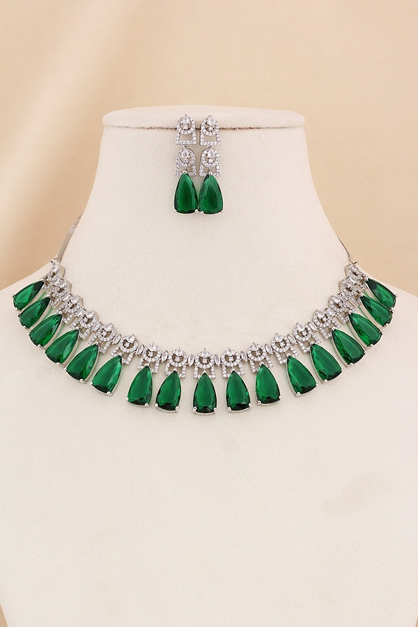 Necklace Set in American Diamonds With Center Pendant And Yellow Colour Stones (NS002-AD-Y)