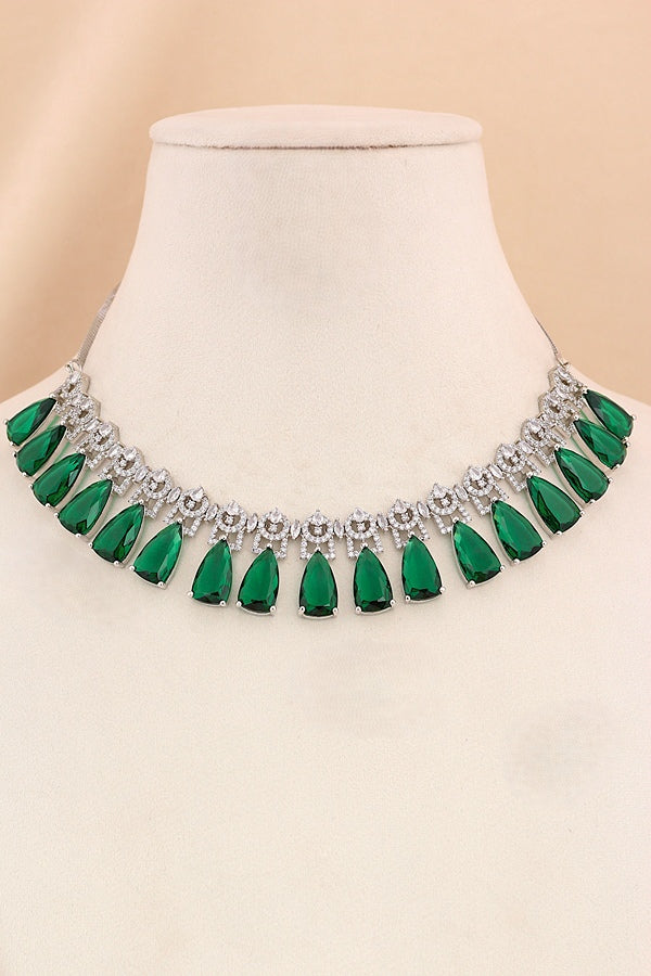 Necklace Set in American Diamonds With Center Pendant And Yellow Colour Stones (NS002-AD-Y)