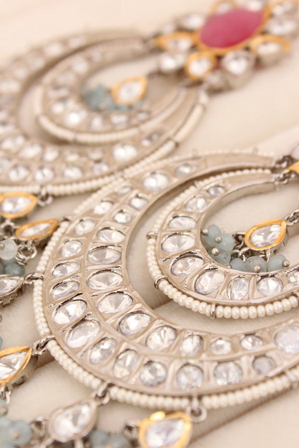 Large Heavy Kundan Earrings In Silver Polish And Pink Pearls (EK004P-Kundan)