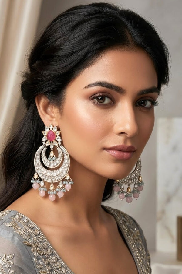 Large Heavy Kundan Earrings In Silver Polish And Pink Pearls (EK004P-Kundan)