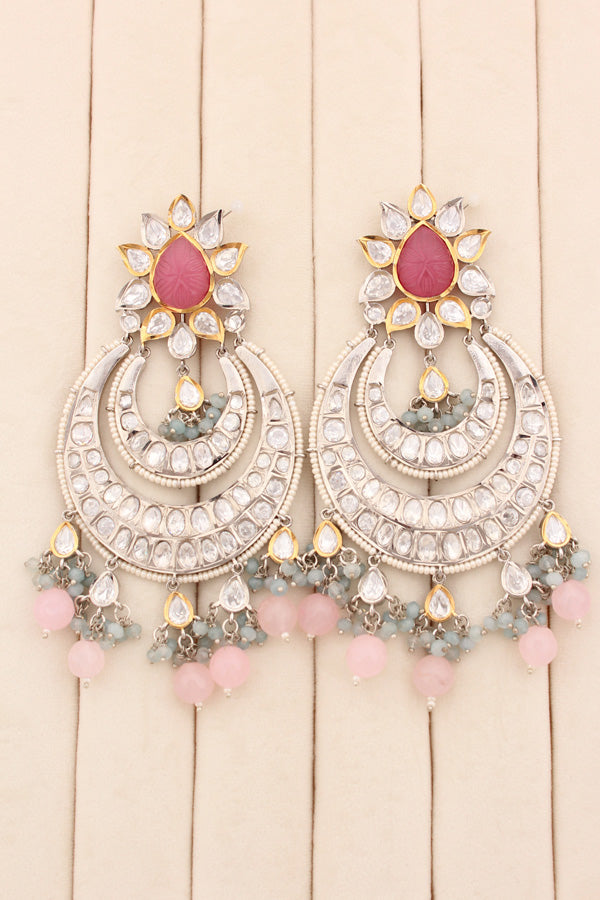 Large Heavy Kundan Earrings In Silver Polish And Pink Pearls (EK004P-Kundan)