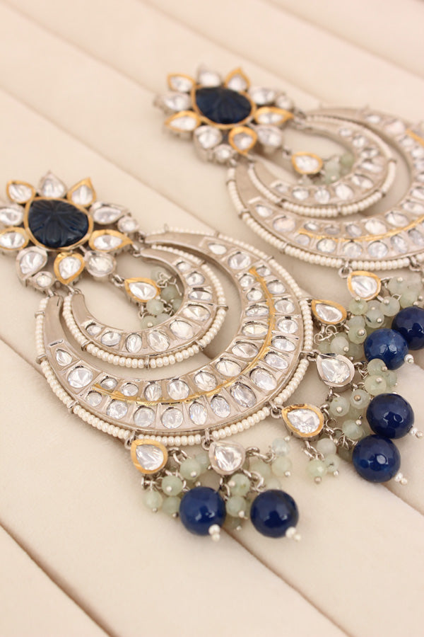 Large Heavy Kundan Earrings In Silver Polish And Blue Pearls (EK004B-Kundan)