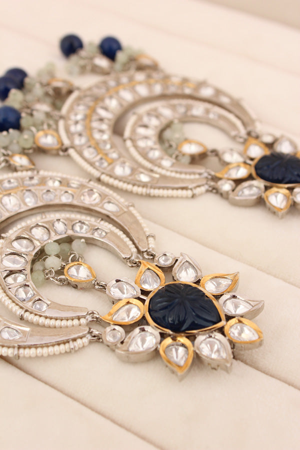 Large Heavy Kundan Earrings In Silver Polish And Blue Pearls (EK004B-Kundan)