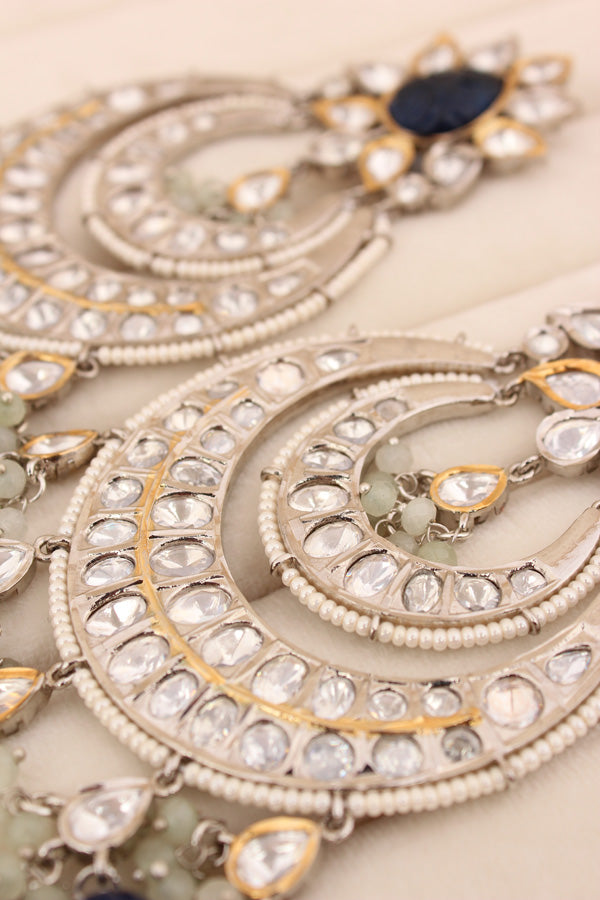 Large Heavy Kundan Earrings In Silver Polish And Blue Pearls (EK004B-Kundan)