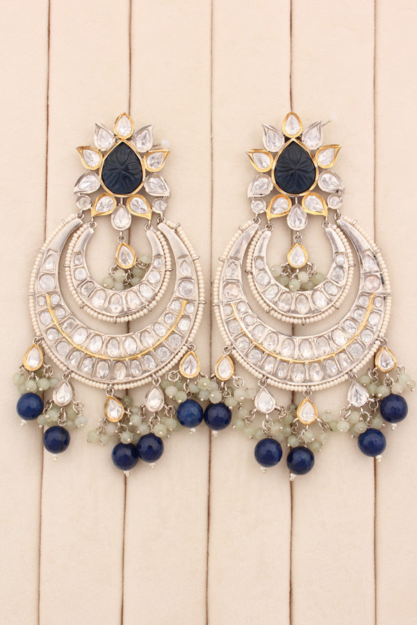 Large Heavy Kundan Earrings In Silver Polish And Blue Pearls (EK004B-Kundan)