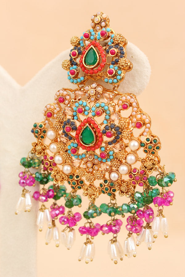 Large Pakistani Statement Earrings In Colours With Green Center Stone (PKE001)