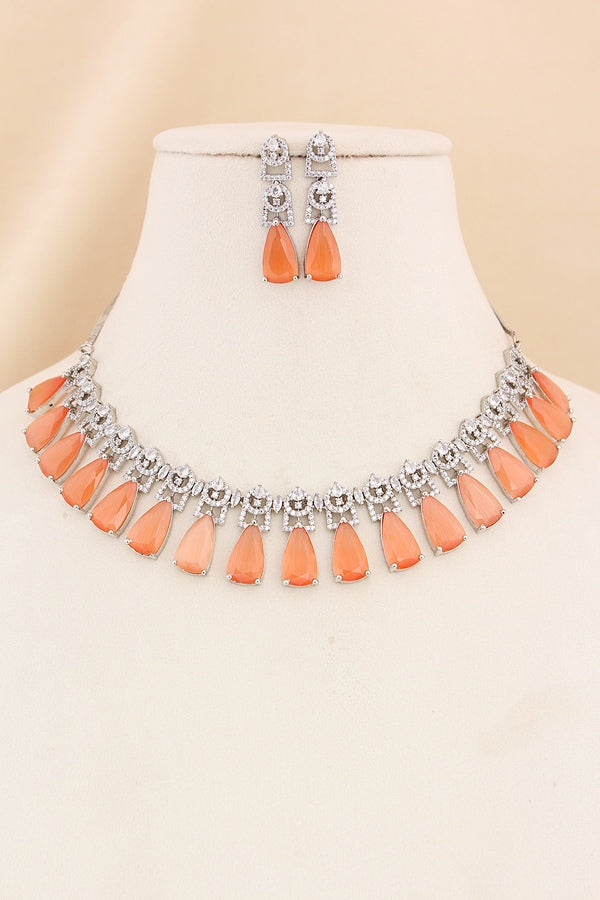 Simple And Exclusive Sleek Necklace With Larger Stones And Long Matching Earrings (NS003-AD-RG)