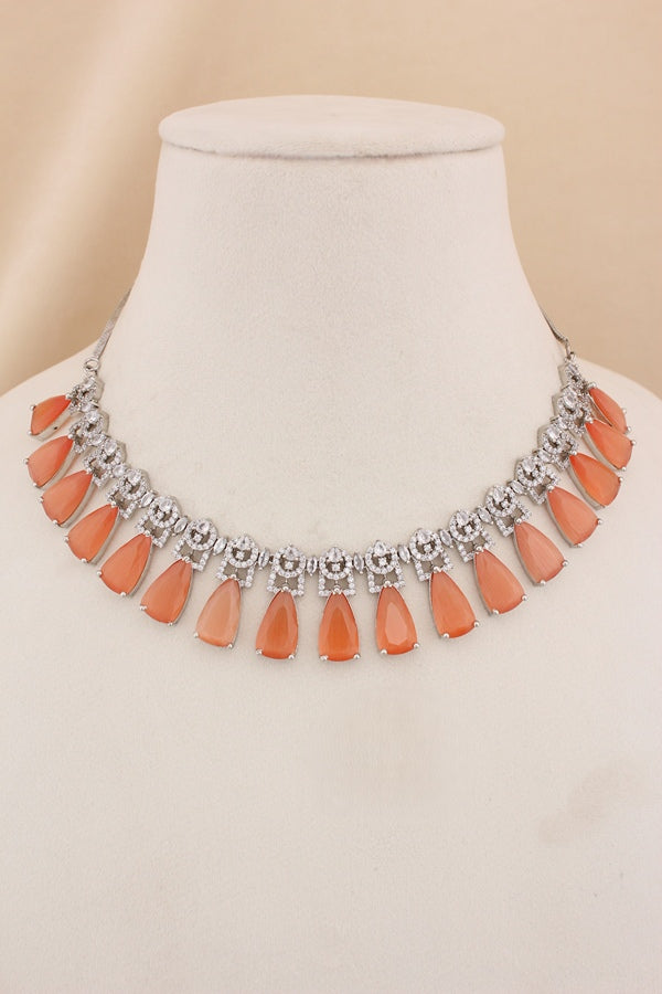 Simple And Exclusive Sleek Necklace With Larger Stones And Long Matching Earrings (NS003-AD-RG)