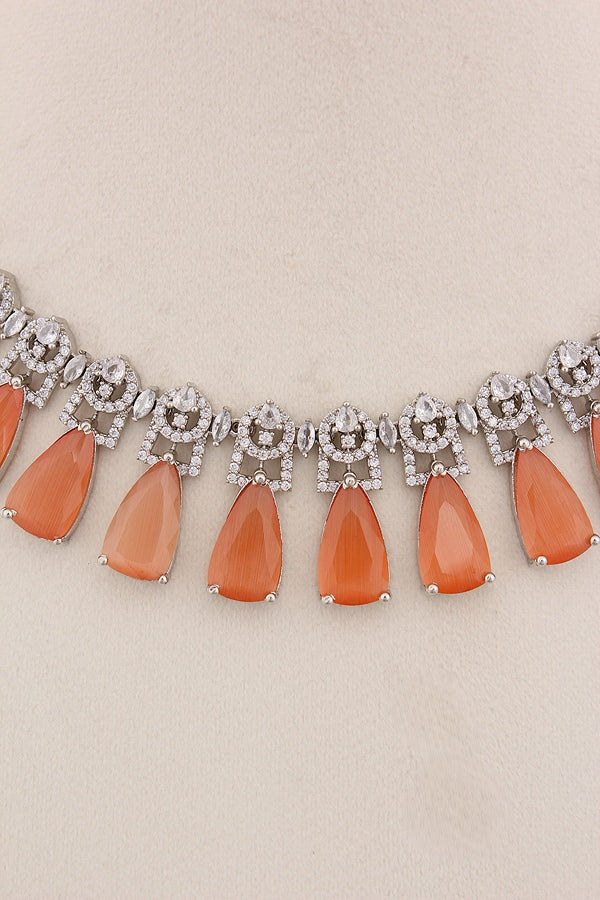 Simple And Exclusive Sleek Necklace With Larger Stones And Long Matching Earrings (NS003-AD-RG)