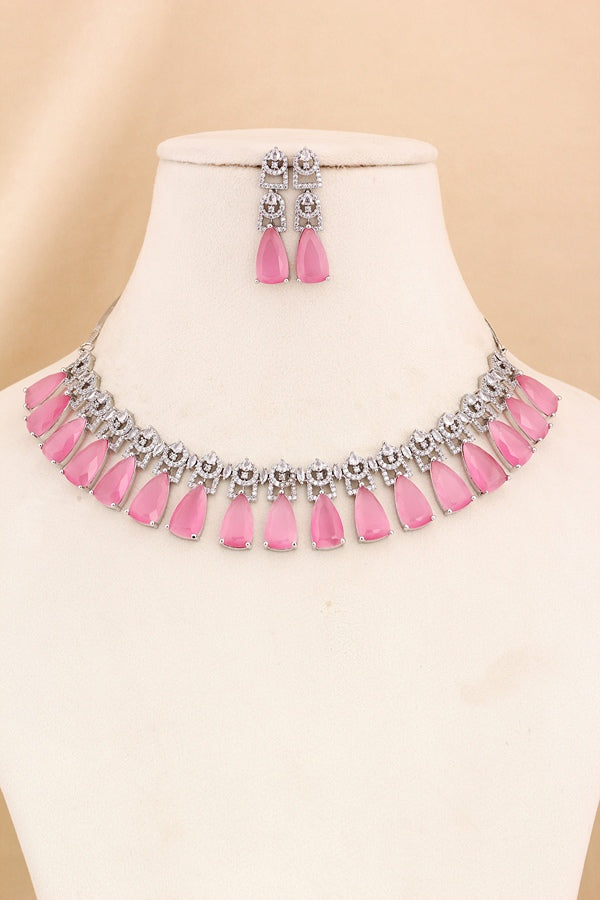 Silver Polish Necklace Set With A Statement Design And Long Matching Earrings (NS004-AD-S)
