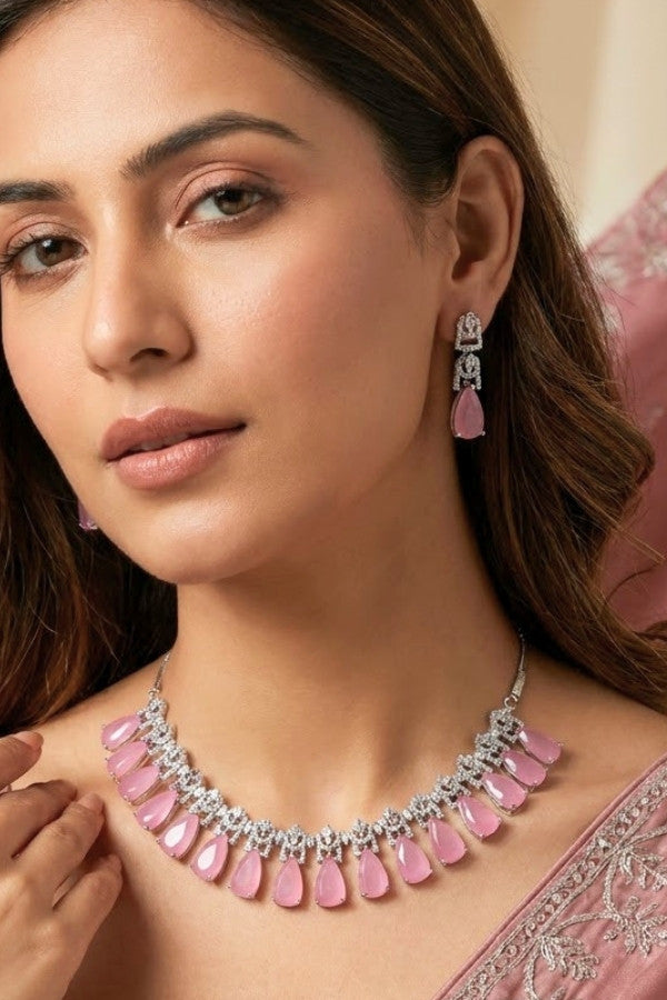 Silver Polish Necklace Set With A Statement Design And Long Matching Earrings (NS004-AD-S)