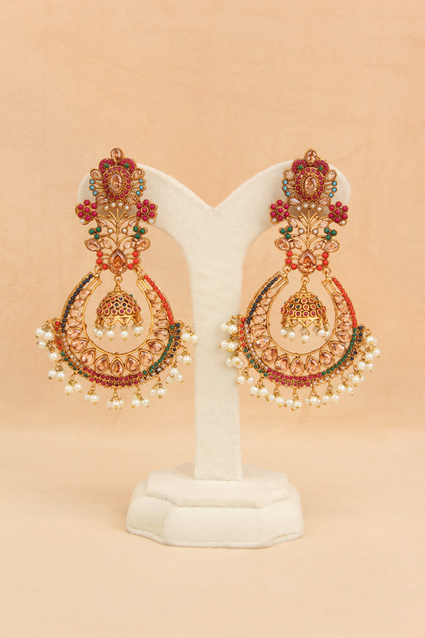 Large Statement Earrings With Flower Design And Gold Colour Stones (PKE003-GO)