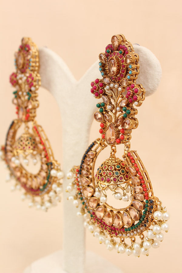 Large Statement Earrings With Flower Design And Gold Colour Stones (PKE003-GO)