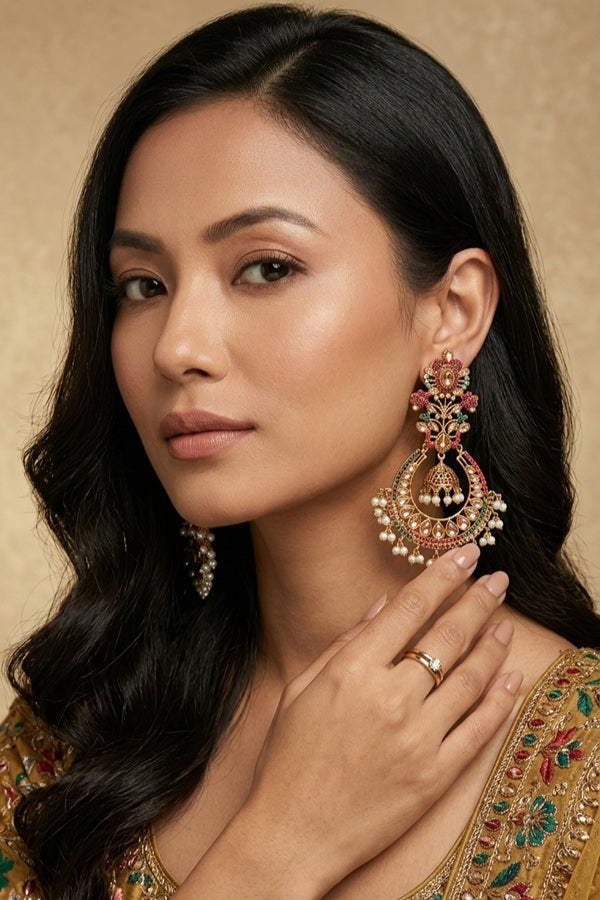 Large Statement Earrings With Flower Design And Gold Colour Stones (PKE003-GO)