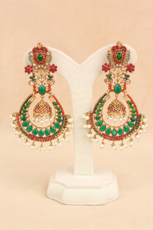 Large Statement Earrings With Flower Design And Green Colour Stones (PKE003-G)