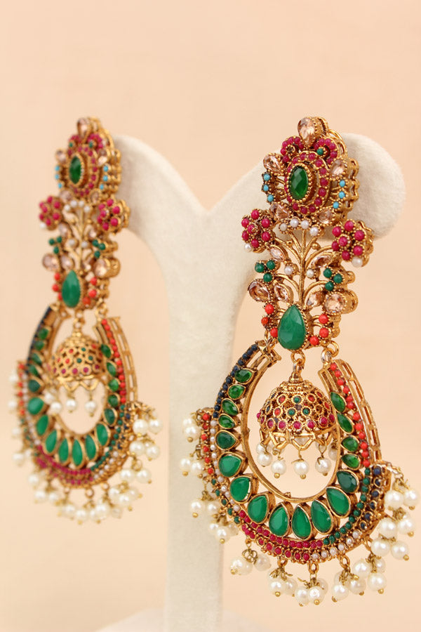 Large Statement Earrings With Flower Design And Green Colour Stones (PKE003-G)