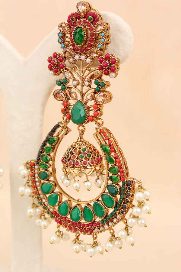 Large Statement Earrings With Flower Design And Green Colour Stones (PKE003-G)