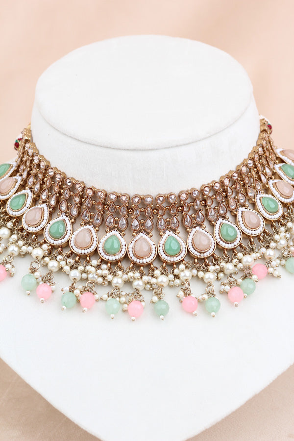Pink and Light Green Mehndi Polish Choker With Large Earrings And Matha Patti (CS001PLG-Polki-B1)