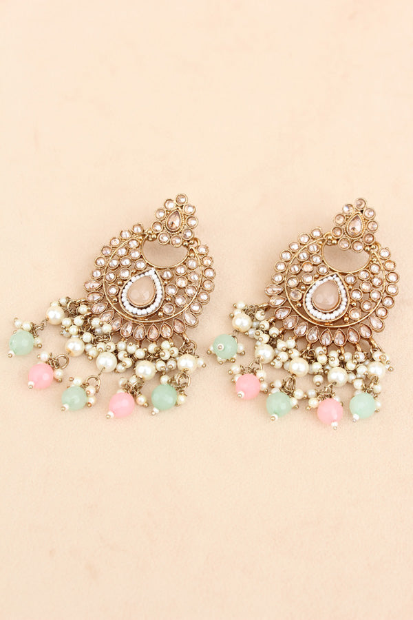 Pink and Light Green Mehndi Polish Choker With Large Earrings And Matha Patti (CS001PLG-Polki-B1)