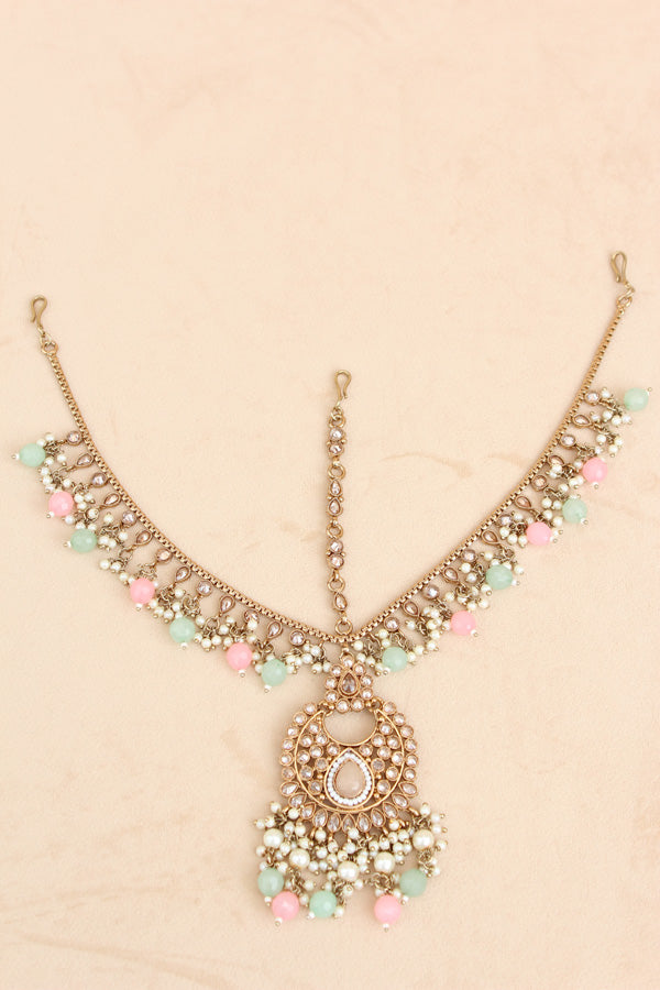 Pink and Light Green Mehndi Polish Choker With Large Earrings And Matha Patti (CS001PLG-Polki-B1)