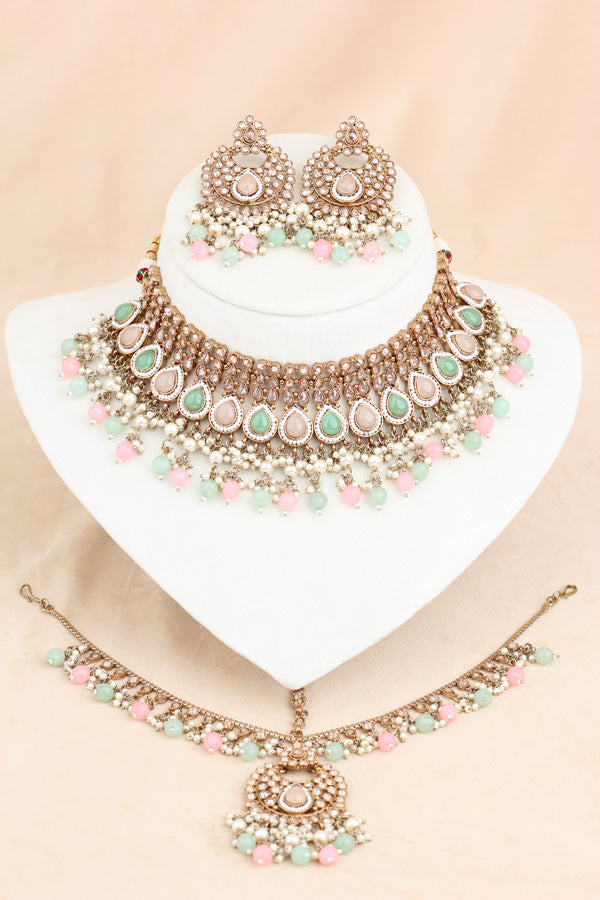 Pink and Light Green Mehndi Polish Choker With Large Earrings And Matha Patti (CS001PLG-Polki-B1)