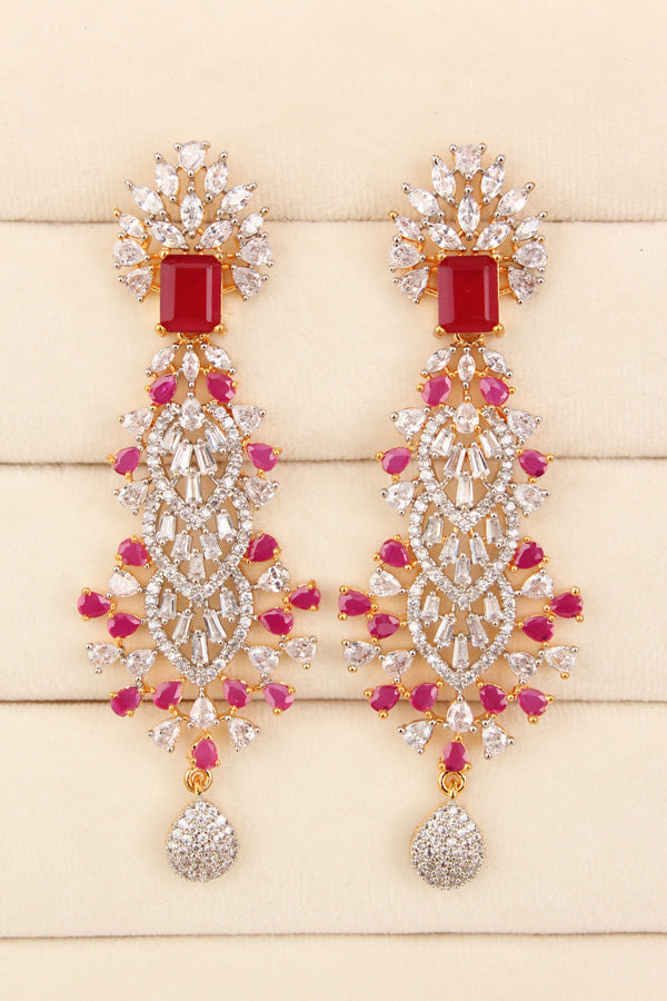Long Fully Filling Earrings With Red Colur Center Stone In Silver Polish (ADE011-SRU)