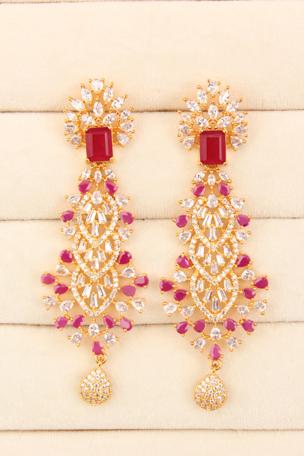 Long Fully Filling Earrings With Ruby Colur Center Stone In Gold Polish (ADE011-RU)