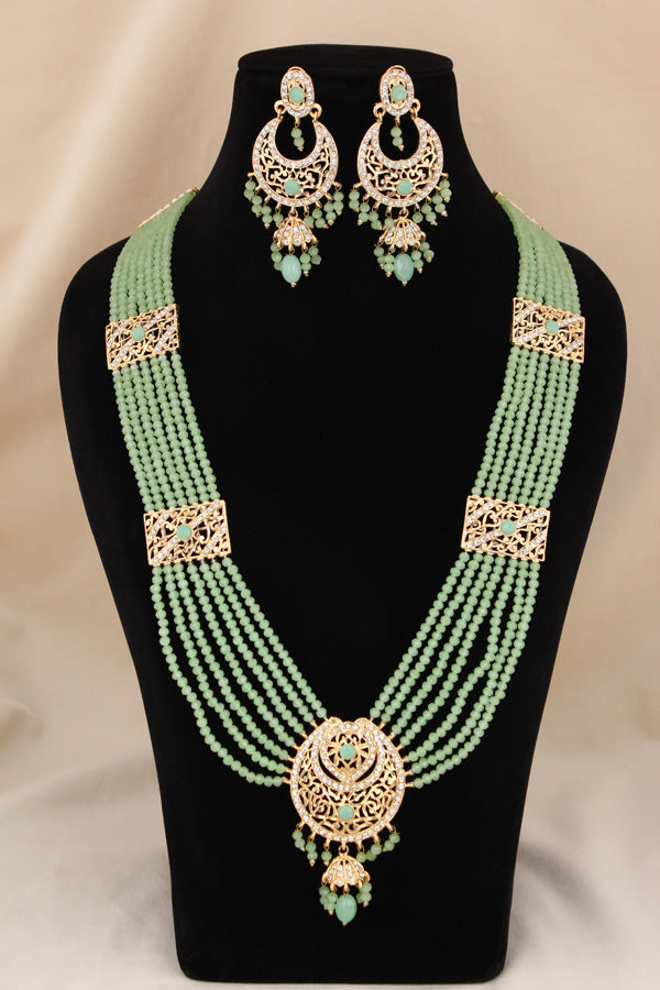 Long Imitation Jadau Necklace Set With Green Colour Beads And Matching Earrings (PJLN006-G)