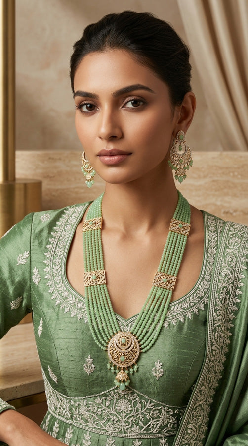 Long Imitation Jadau Necklace Set With Green Colour Beads And Matching Earrings (PJLN006-G)
