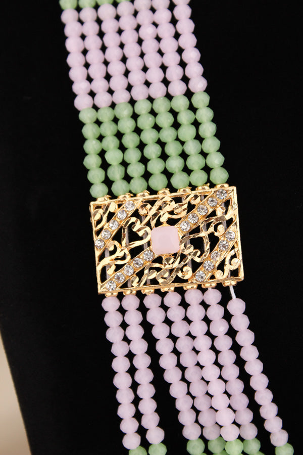 Long Imitation Jadau Necklace Set With Pink Colour Beads And Matching Earrings (PJLN006-P)
