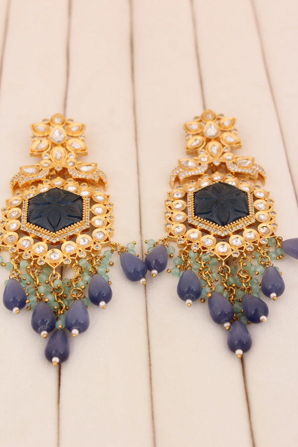 Long Kundan Earrings With American Diamonds And Blue Pearls (EK001B-Kundan)